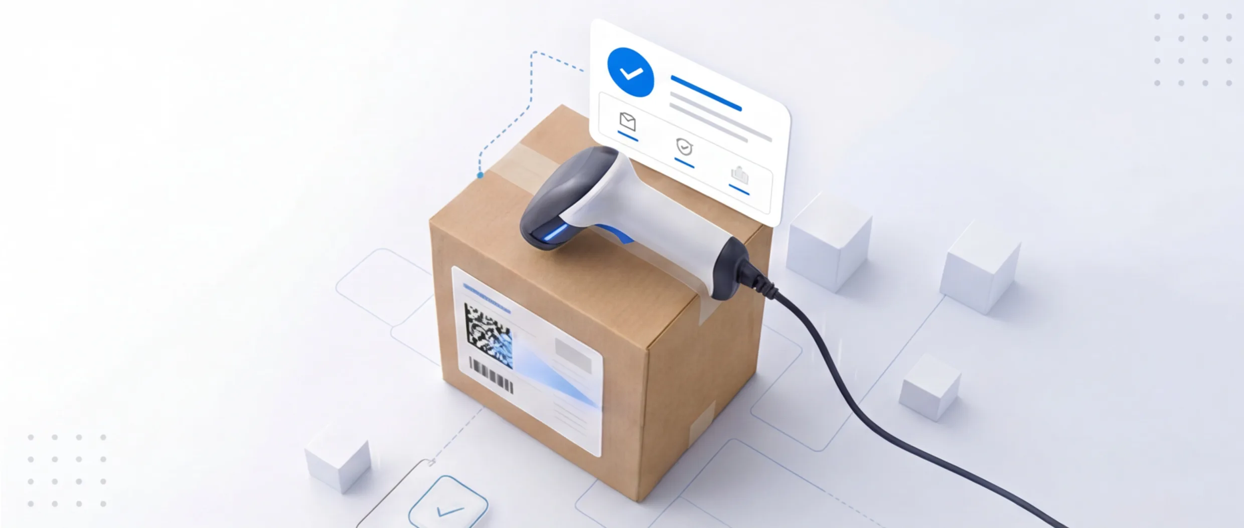 Сканер штрих-кодов считывает Data Matrix с коробки, рядом карточка системы «Честный знак»
