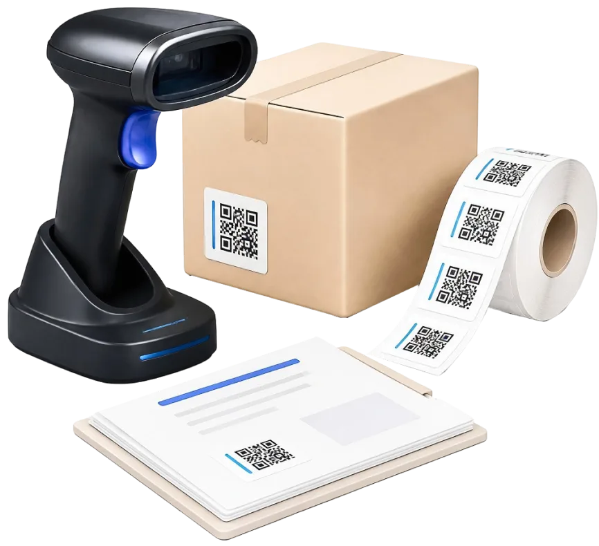 Сканер штрих-кодов, коробка с QR-кодом маркировки и рулон этикеток