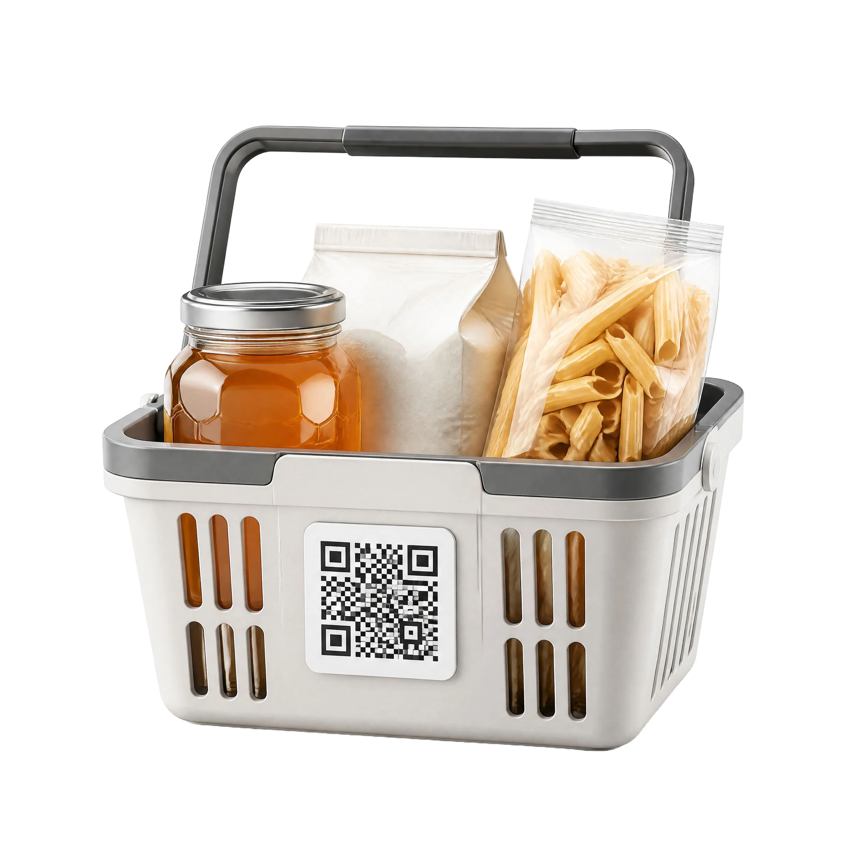 Корзина с маркированными продуктами — мёд, мука, макароны